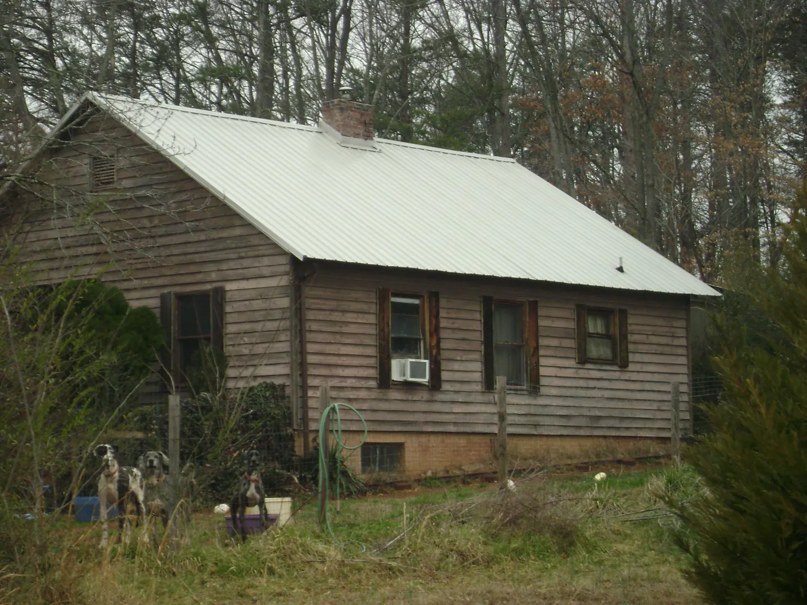 White metal roof on an old wood sided farmhouse, from a Metal Roof Installation job in Valley Springs